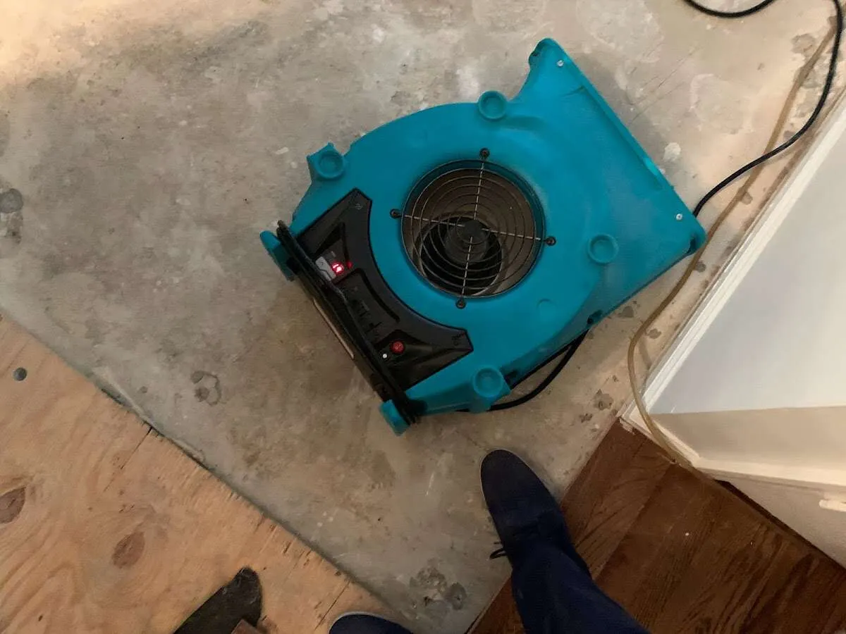 Air mover drying subfloor during Commercial Water Damage Restoration in Lincoln City